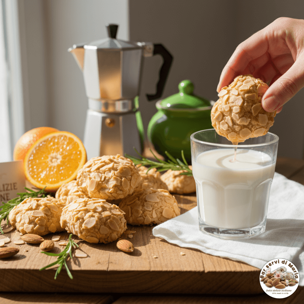 Biscotti alle mandorle con mandorle a scaglie dolci delizie siciliane inzuppo in tazza di latte bollente