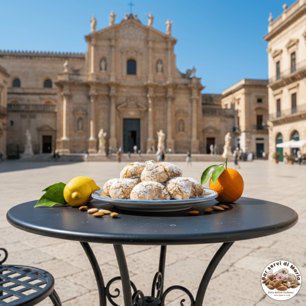 Biscotti alle mandorle classici dolci delizie siciliane con zucchero a velo su tavolino in centro piazza siciliana