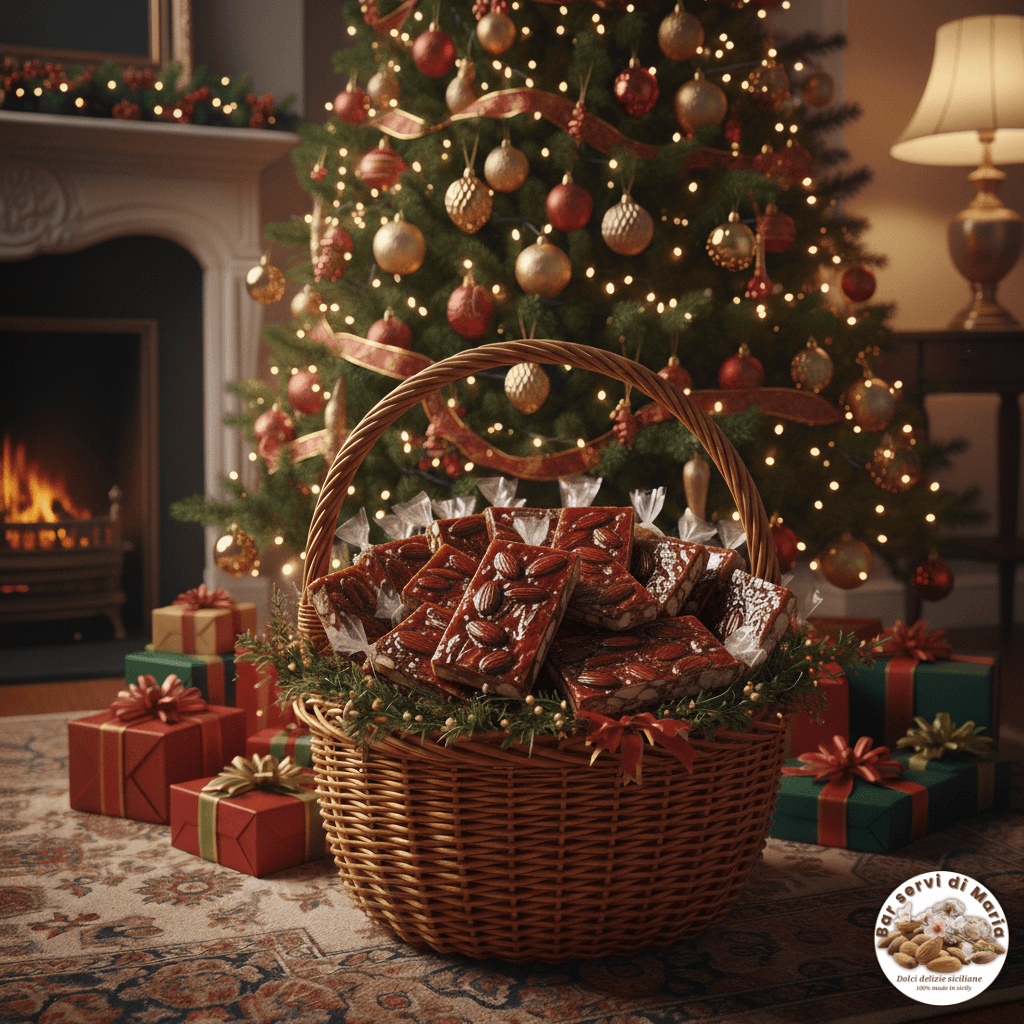 Cesta con stecche di torrone alle mandorle dolci delizie siciliane, sotto albero di natale