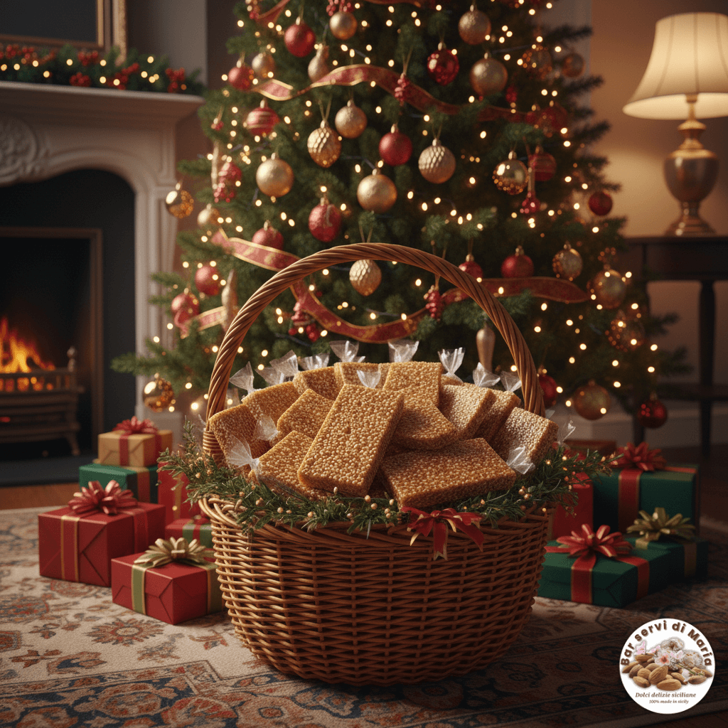Torrone di sesamo giuggiulena siciliana dolci delizie siciliane in cesta di vimini sotto l'albero di natale. ambientazione natalizia