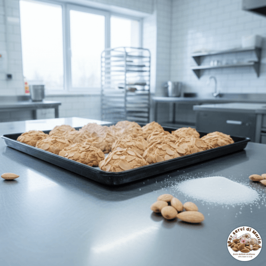 Biscotti alle mandorle con mandorle a scaglie dolci delizie siciliane su teglia da forno in laboratorio di pasteicceria