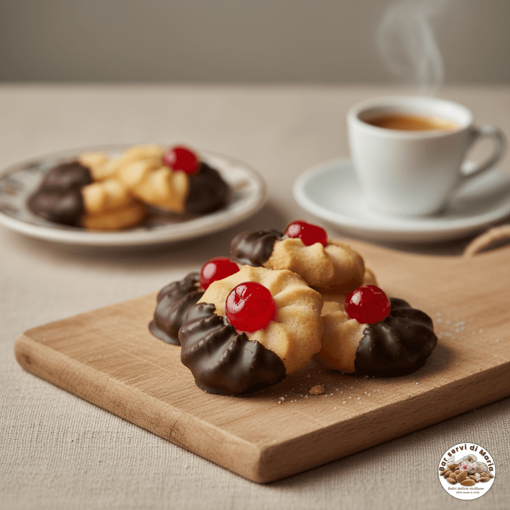 biscotti al burro dolci tipici siciliani con copertura al cioccolato fondente e ciliegia candita.