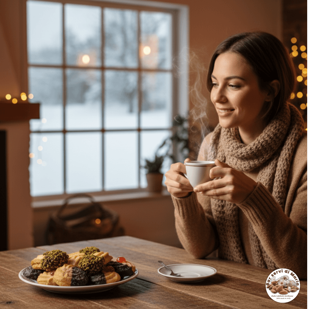 Ragazza seduta con tazza di tè fumante e biscotti al burro in primo piano, atmosfera calda ed invernale.