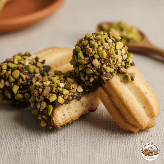 Primo piano su biscotti al burro siciliani con decorazione di cioccolato fondente e granella di pistacchio