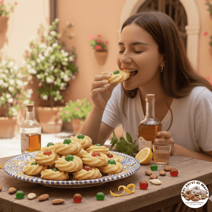 Ragazza sorridente assaggia estasiata i tradizionali biscotti siciliani alle mandorle con ciliegia candita. Foto emozionale per dolci artigianali.